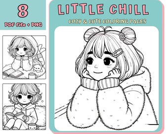 Kawaii Cozy Girl Malbuch: 8 bedruckbare Seiten (PDF & PNG)