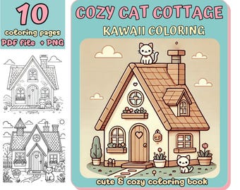 Cozy Cat Cottage Kawaii Coloring Pages (PDF & PNG)
