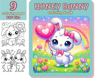 Libro para colorear de conejitos de miel, páginas para colorear kawaii y acogedoras (PDF)