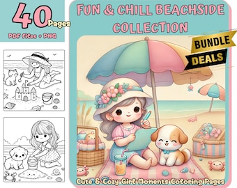 Kawaii Cozy Girl Coloring Book: Fun Beachside Collection (Digital Download)
