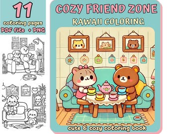 Przytulni Przyjaciele, Kolorowanka Kawaii, Kolorowanka Kawaii, Przytulna Kolorowanka Kawaii, Kolorowanka, Kolorowanka do Wydruku, Słodkie Kolorowanki, Prezent, DIY, Dzieci, 11 Stron
