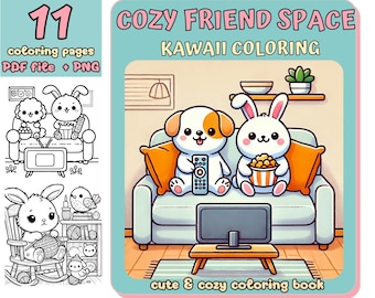 Przytulni Przyjaciele, Kolorowanka Kawaii, Kolorowanka Kawaii, Przytulna Kolorowanka Kawaii, Kolorowanka, Kolorowanka do Wydruku, Słodkie Kolorowanki, Prezent, DIY, Dzieci, 11 Stron