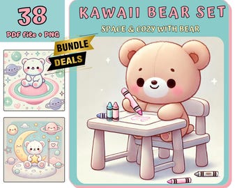 Kawaii Bear Coloring Book: Cozy Space Animals (PDF & PNG)