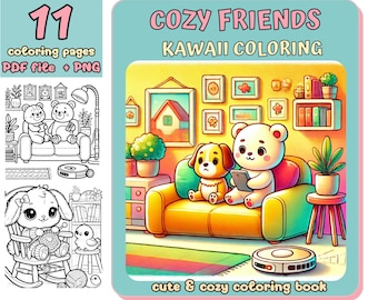 Przytulni Przyjaciele, Kolorowanka Kawaii, Kolorowanka Kawaii, Przytulna Kolorowanka Kawaii, Kolorowanka, Kolorowanka do Wydruku, Słodkie Kolorowanki, Prezent, DIY, Dzieci, 11 Stron