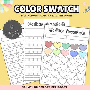 Könnte beinhalten: Digitale Farbmusterbögen mit dem Text "COLOR SWATCH" und "DIGITAL DOWNLOAD | A4 & LETTER US SIZE". Die Bögen enthalten Herz- und Quadratformen zum Testen von Farben. Das Bild zeigt 9 Seiten mit 30, 42 und 60 Farben pro Seite.