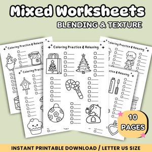 May include: A set of 10 printable coloring pages featuring various images, including a Christmas tree, a candy cane, a gift bag, a birdhouse, a cupcake, and a heart. The pages are designed for coloring practice and relaxation, with the text "Coloring Practice & Relaxing" at the top of each page. The text "BLENDING & TEXTURE" is at the top of the page, and the text "10 PAGES" is at the bottom of the page.