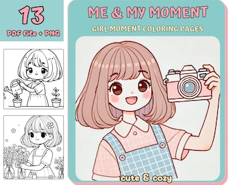 Girl moments coloring, Coloring, digital Coloring book, Kawaii Cozy Coloring, Printable Coloring, Cute Girl Coloring, Cozy Girls, Printable
