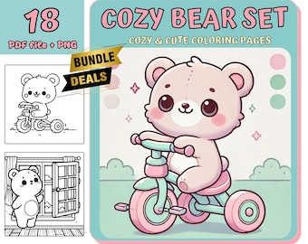Kawaii Cozy Bear Coloring Book: 18 Printable Pages (Digital Download)