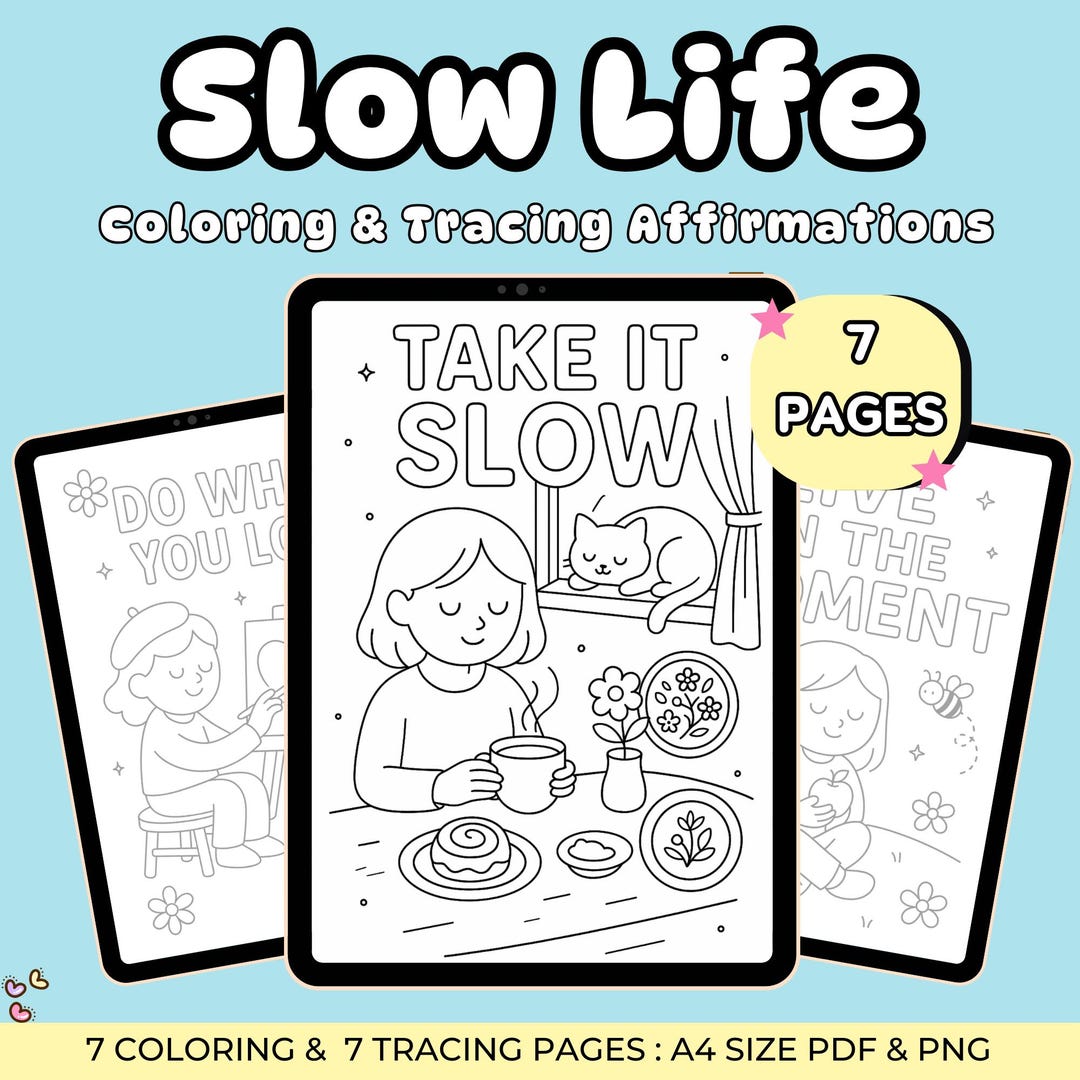 Affirmation Coloring Pages: Slow Life Tracing, Positive Quotes (PDF ...