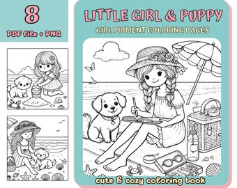 Gemütliches Mädchen und Welpe Malbuch, Kawaii zum Ausdrucken (PDF & PNG)