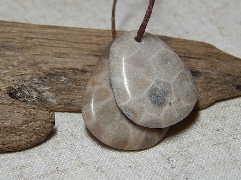 drilled hand polished beach stones Lake Michigan fossil rustic earthy supplies Petoskey Stone Pendants State Stone up north fossil
