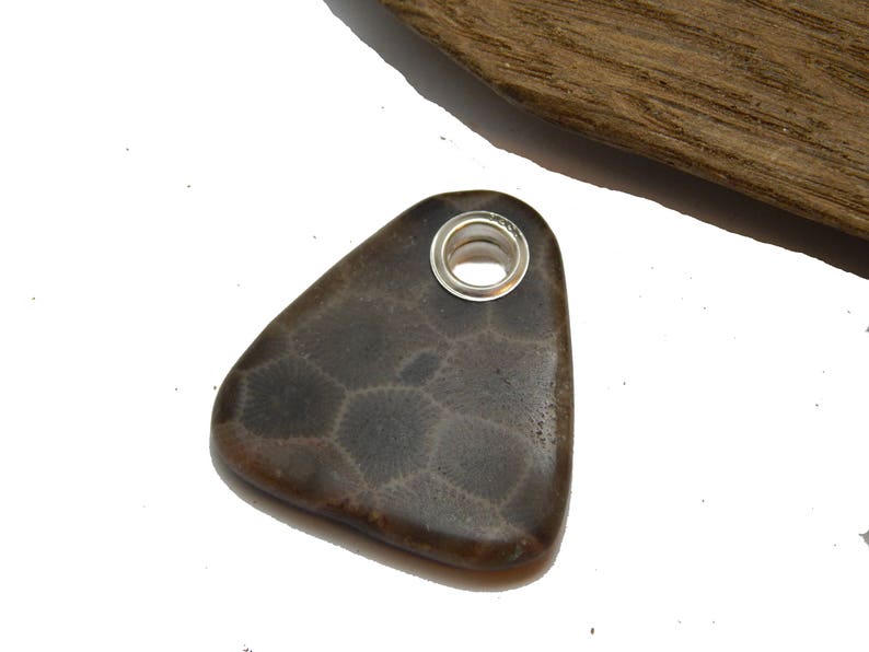 hand polished beach stone Petoskey Stone Pendant up north fossil Lake Michigan coral rustic earthy stone 925 Sterling Silver Grommet