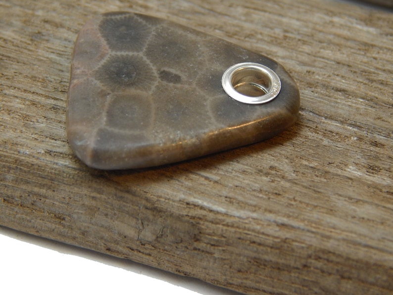 hand polished beach stone Petoskey Stone Pendant up north fossil Lake Michigan coral rustic earthy stone 925 Sterling Silver Grommet