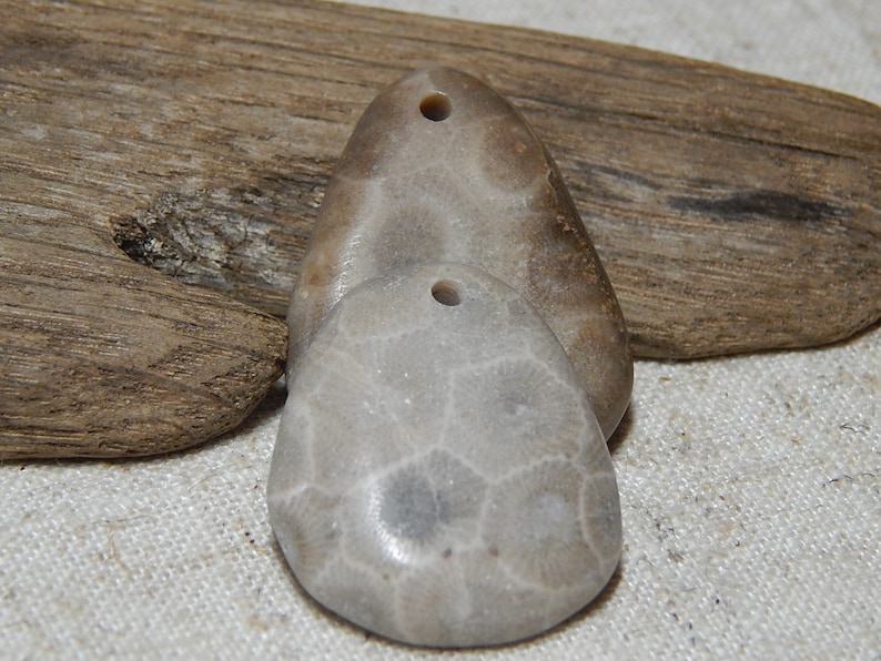 drilled hand polished beach stones Lake Michigan fossil rustic earthy supplies Petoskey Stone Pendants State Stone up north fossil