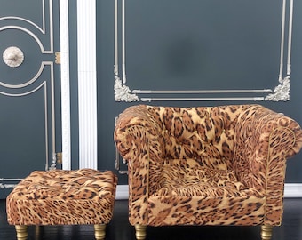 1/4 Chesterfield Sessel mit Ottomane, Leopardenmuster, für 16″ Puppen, BJD Möbel