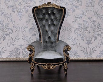 1/4 Baroque Throne, black&gold, gray velvet, for dolls 16''