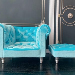1/4 Chesterfield armchair with ottoman, blue sky velvet, for 16″ dolls, BJD furniture