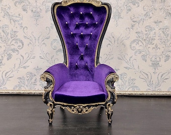 1/4 Trono barocco, nero e oro, velluto viola, per bambole da 16''