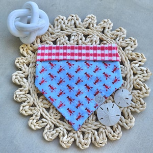 May include: A blue dog bandana with a red lobster pattern and a red and white gingham trim. The bandana is displayed on a woven placemat with two white sand dollars and a white rope knot.