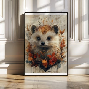 Impresión de arte de pared de lindo erizo, decoración de pared de animales para habitación de niños o guardería, arte de animales del bosque, adorable erizo en flores de otoño