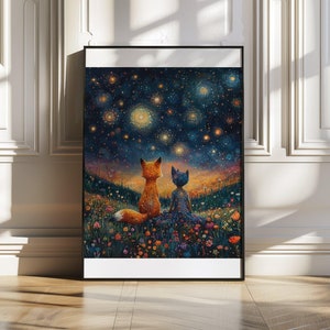 Arte de pared de noche estrellada con zorro y gato, impresión de arte animal caprichoso, decoración de pared bohemia de fantasía, obra de arte de cielo nocturno mágico, ilustración de la naturaleza