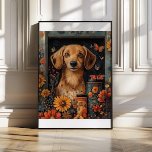 Adorable Dachshund Wall Art, Floral Dachshund Print, Cute Dog Poster, Whimsical Dog Lover Gift, Colourful Puppy Artwork, Pet Décor