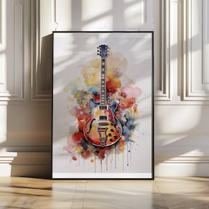 Lebendige Gitarrenwandkunst, abstrakte Gitarrendruck, Musikliebhaber-Dekor, Aquarell-Gitarrenkunst, bunte Musikraumdekoration, kreativ