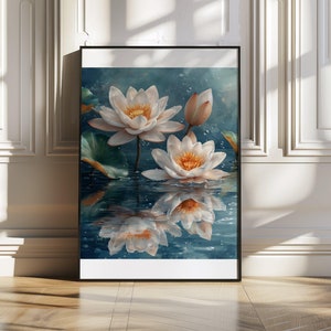 Seerosen-Reflexions-Wandkunst, beruhigende Seerosen-Druck, Blumenteich-Kunst, Natur inspiriertes Kunstwerk, botanisches Wasser-Kunstdruck, ruhig