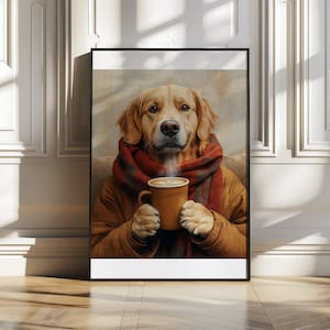 Adorable Golden Retriever Wall Art, Warm Coffee Lover Golden Retriever Décor, Cosy Dog Art Print for Home, Cute Labrador Poster Gift