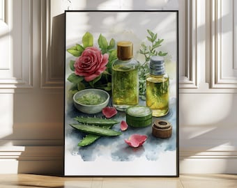 Botanical Essential Oils Art Print, Aromatherapy Wall Décor, Herbal Illustrations, Botanical Wall Art, Modern Nature Poster, Spa Décor
