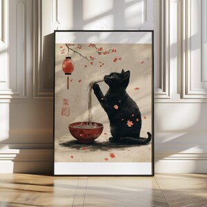 Cute Black Cat with Ramen Noodles Wall Art, Japanese Style Cat Illustration, Home Décor Print, Perfect New Home Gift For Cat Lovers