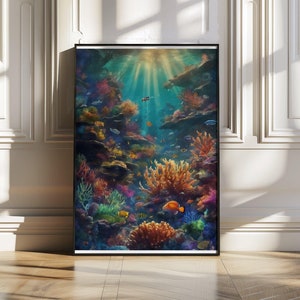 Underwater Reef Wall Art, Colourful Ocean Life Print, Underwater Scene Wall Décor, Coral Reef Illustration, Vibrant Sea Life Art