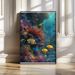 Tropical Fish Coral Reef Wall Art, Vibrant Underwater Scene Art Print, Ocean Life Colourful Fish Poster, Sea Life Décor