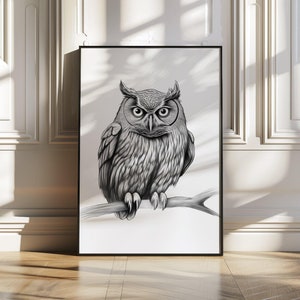 Owl Wall Art Print, Rustic Woodland Home Décor, Detailed Owl Illustration, Wildlife Artwork for Living Room, Nature Inspired Décor