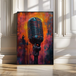 Retro Microphone Wall Art Print Or Stretched Canvas, Vibrant Music Décor, Vintage Microphone Painting, Abstract Music Artwork, Music Gift