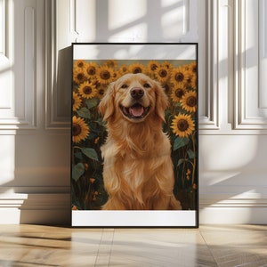 Golden Retriever Wall Art Print, Dog Art for Home Décor, Sunflower Field Dog Poster, Cute Dog Photography, Pet Lovers Gift, Nature Art