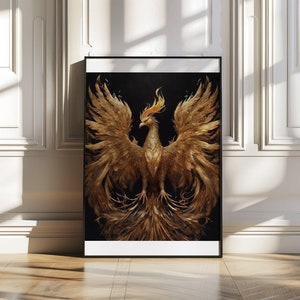Majestic Golden Phoenix Wall Art Print, Decorative Bird Artwork, Unframed Art for Home or Office, Mythical Creature Decor