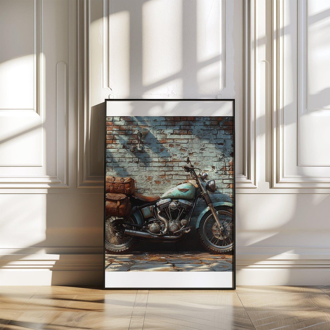 Rustic Motorcycle Background Vintage Motorcycle Wall Art, Rustic Brick Background Print, Industrial ...