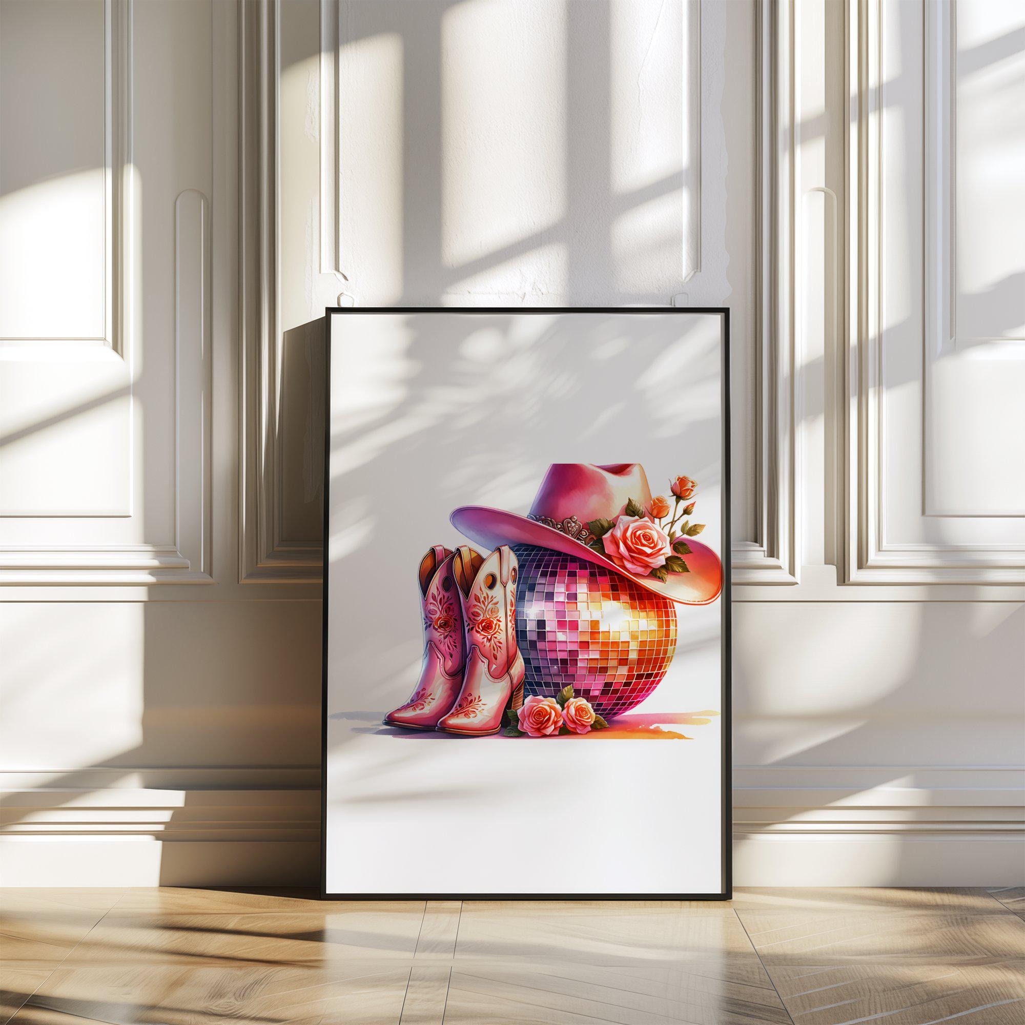 Vibrant Cowboy Hat and Boots Wall Art, Disco Ball Art Print, Pink Western Décor, Floral Cowboy Art, Wall Décor for Home, Teenage Girl Gifts