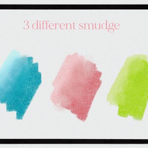 May include: Digital art display with three colorful smudge effects: teal, pink, and lime green. The text "3 different smudge" is displayed in a light pink font at the top of the image. The image is set against a white background.