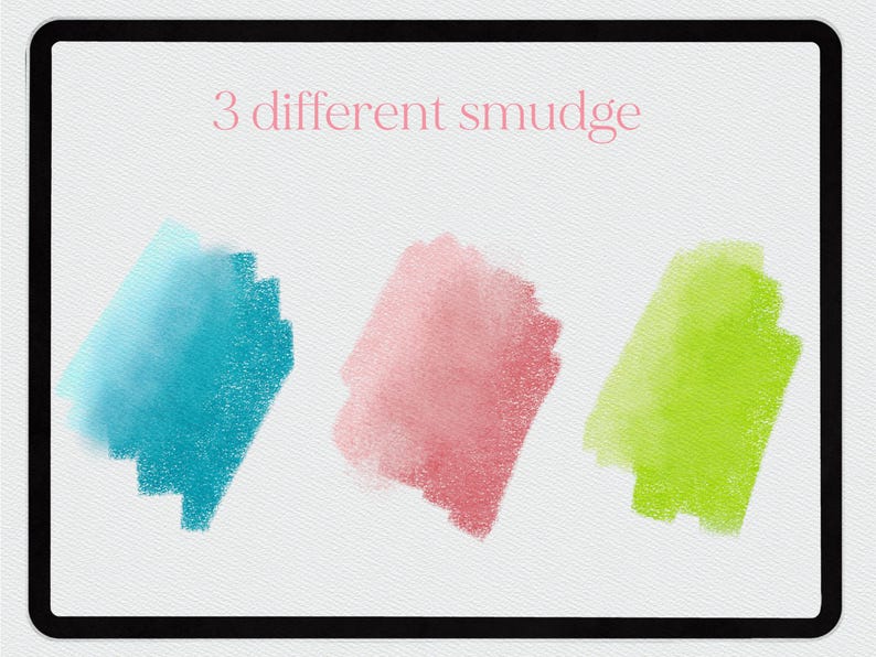 May include: Digital art display with three colorful smudge effects: teal, pink, and lime green. The text "3 different smudge" is displayed in a light pink font at the top of the image. The image is set against a white background.