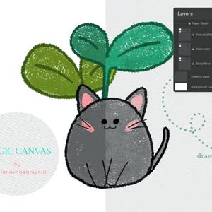 May include: A digital illustration of a gray cat with pink ears and cheeks, sprouting green leaves. The text "MAGIC CANVAS by @milana.rosenwald" is in a white circle. A dotted line with "draw here" text is on the right.