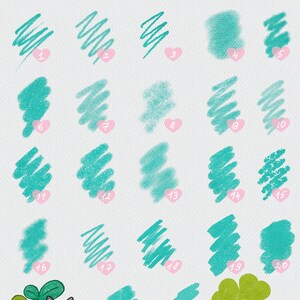 May include: A digital art brush review featuring 22 teal brush stroke examples, each numbered and accompanied by a pink heart. The words "BRUSH REVIEW" are at the top. A cartoon cat and a four-leaf clover are at the bottom.