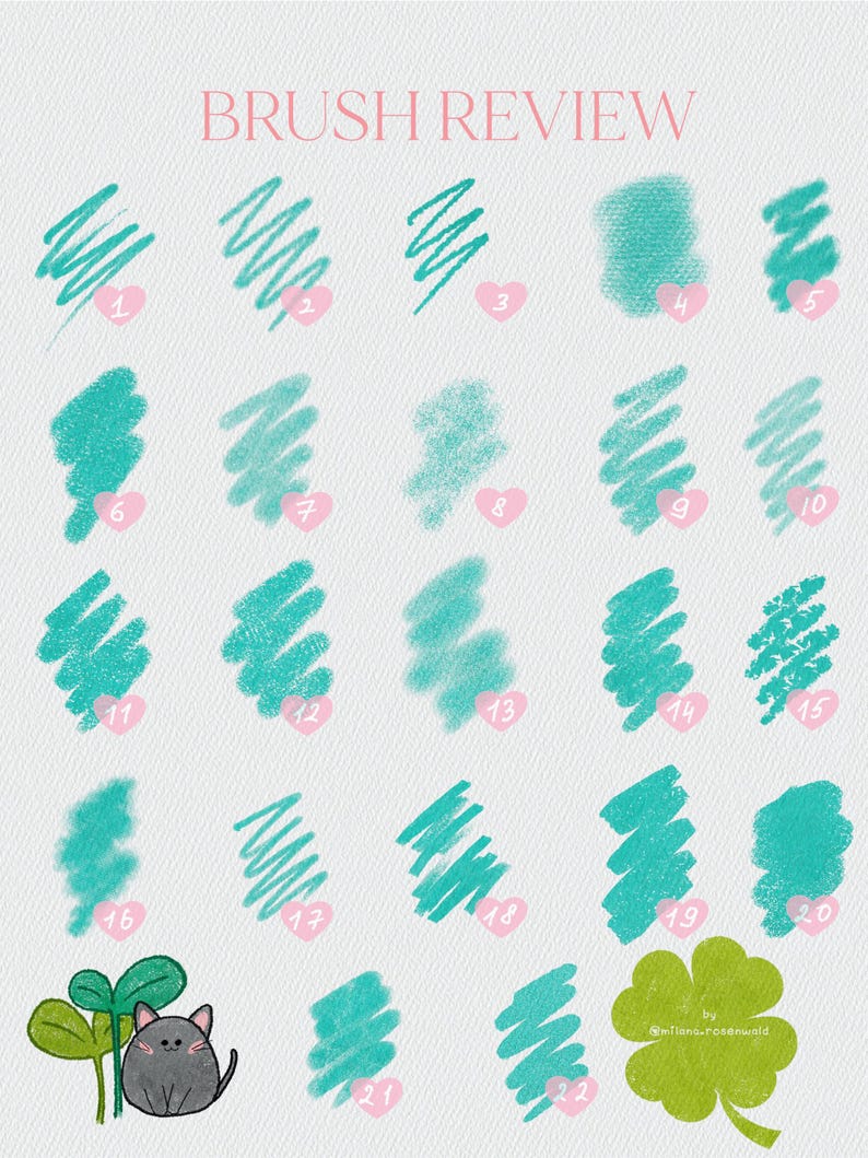 May include: A digital art brush review featuring 22 teal brush stroke examples, each numbered and accompanied by a pink heart. The words "BRUSH REVIEW" are at the top. A cartoon cat and a four-leaf clover are at the bottom.