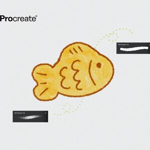 May include: Illustration of a yellow fish-shaped pastry with a smiling face, accompanied by two brushstroke samples labeled "Oil Pastel 15" and "Oil Pastel 10". The Procreate logo is in the upper left corner.
