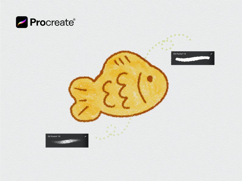 May include: Illustration of a yellow fish-shaped pastry with a smiling face, accompanied by two brushstroke samples labeled "Oil Pastel 15" and "Oil Pastel 10". The Procreate logo is in the upper left corner.