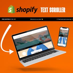 Könnte beinhalten: Ein Laptop-Computer, auf dem eine Website mit einem Text-Scroller angezeigt wird, der "Browse our latest products" lautet. Die Website ist für einen Shopify-Shop und hat oben ein schwarzes Banner mit der Aufschrift "FREE SHIPPING AT $50+".