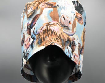 Light Blue Scrub Cap with Highland Cows, Large Tie-Back Style for Long Hair