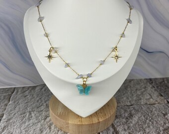 Collar de cuarzo con mariposa celestial: colgante de estrella dorada, cadena chapada en oro de 40 cm