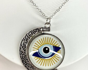 Collar de media luna con ojo malvado: amuleto protector bohemio, cadena de acero inoxidable